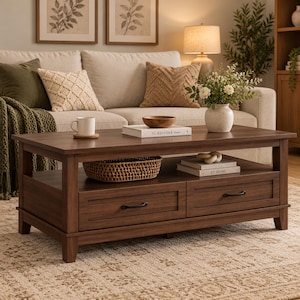 May include: A rectangular dark brown wooden coffee table featuring two drawers with black metal handles, a lower open storage shelf, and a flat top surface. The table is constructed with four sturdy legs and a smooth, finished wood grain texture.