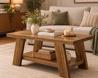 May include: A rectangular wooden coffee table with a medium brown finish, featuring angled legs and a lower storage shelf. The table surface holds a white vase with greenery, a small bowl, a book titled The Kinfolk, and a candle on a tray.