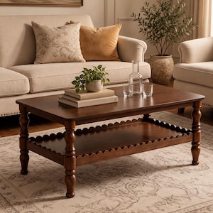 May include: A rectangular dark brown wooden coffee table featuring four turned legs and a lower shelf with a scalloped edge. The table surface holds two stacked rectangular books, a small potted green plant, a glass carafe, and two glasses.
