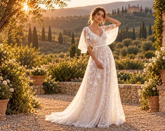 Vestido de Noiva Boho Champagne - Vestido Longo Fluido com Decote em V e Mangas Flutuantes em Renda Marfim - Vestido de Noiva Boho Rústico - Vestido de Noiva Exclusivo