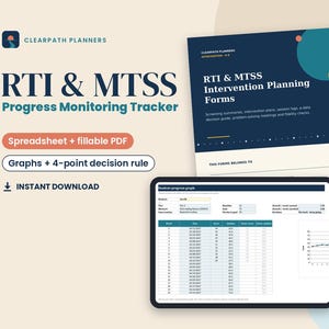 May include: RTI & MTSS Progress Monitoring Tracker digital planning set including a cover page titled RTI & MTSS Intervention Planning Forms and a tablet screen displaying a student progress graph spreadsheet with data tables and charts.