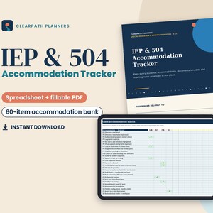 IEP 504 Accommodation Tracker, IEP at a Glance, Special Education Teacher Binder, Accommodations Log Spreadsheet, Fillable PDF Excel