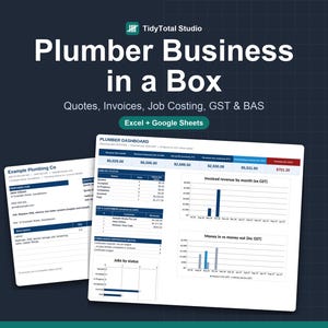 May include: A digital business management template titled Plumber Business in a Box, featuring a dashboard with financial charts, job status tables, and an invoice document for Excel and Google Sheets, displayed on a dark background.