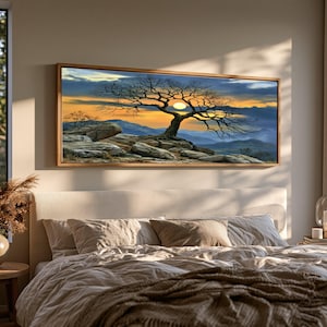 Majestic Lone Tree at Sunset Canvas, Nature Landscape Wall Art, Mountain View Canvas Decoration, Dramatic Sky Canvas Print