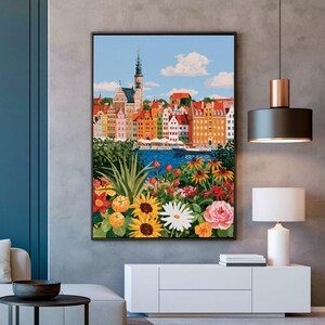Lienzo con paisaje urbano europeo colorido, arte mural con flores en primer plano, lienzo con vista panorámica del río, paisaje urbano vibrante, pintura para decoración del hogar