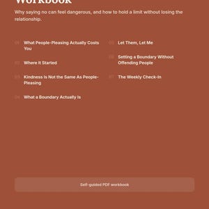May include: A rust-colored digital workbook cover titled People-Pleasing & Boundaries Workbook by LM Harmony Therapy. It lists seven chapters including What People-Pleasing Actually Costs You, Where It Started, and The Weekly Check-In.