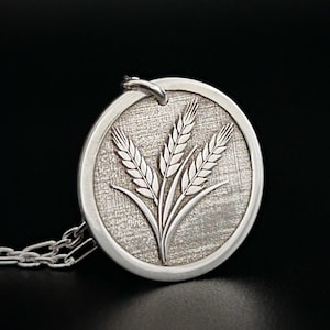 Sheaves Of Wheat Necklace, Plant Necklace Medallion, Wheat Stalk Necklace, Gift For Farmer, Engraved Medallion Necklace, Floral Necklace 925
