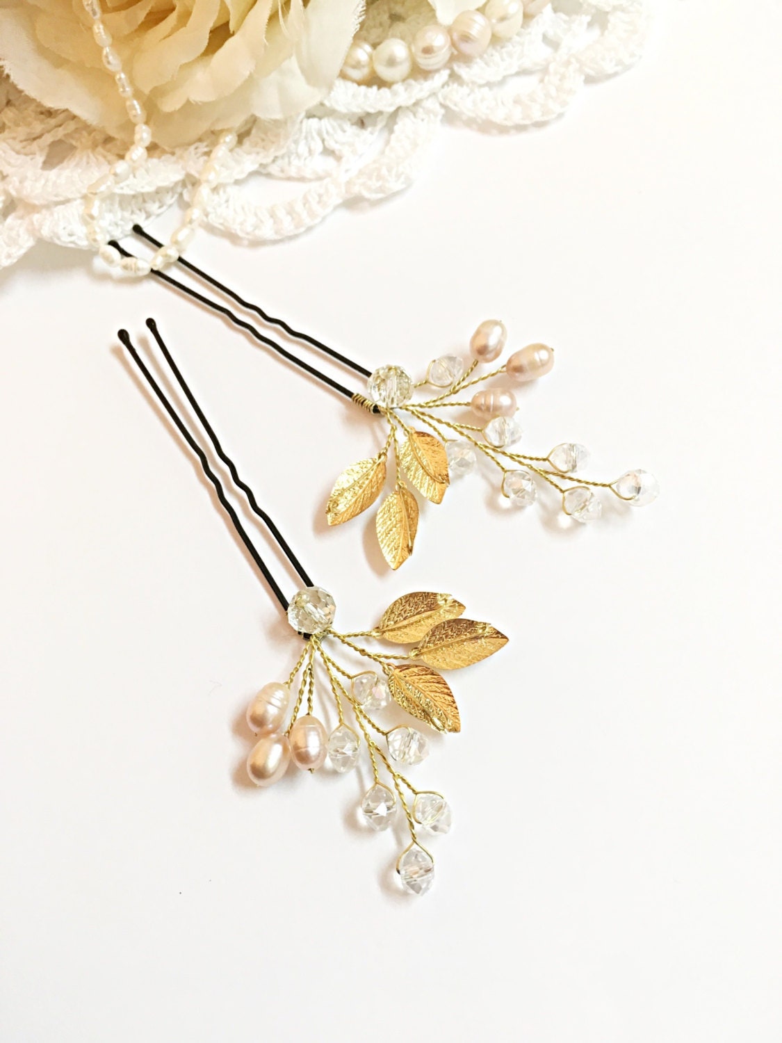 Gold bridal hair pins x2 wedding hair accessories pearl hair Etsy