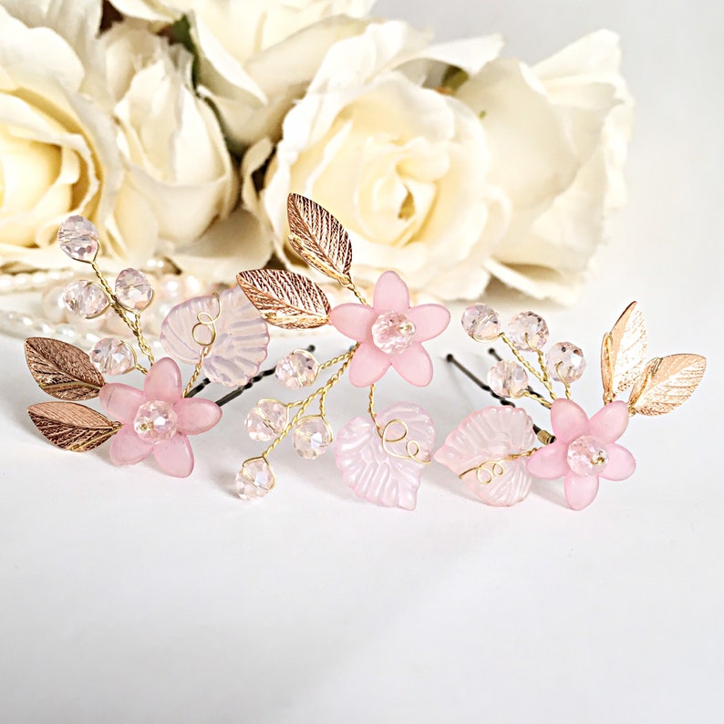 Pink bridal hair pins x3 Flower girl hair pins Wedding hair Etsy