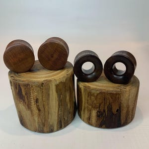 May include: Four wooden ear gauges of varying sizes, displayed on two small wooden logs. The gauges are a dark brown colour and have a smooth, polished finish.