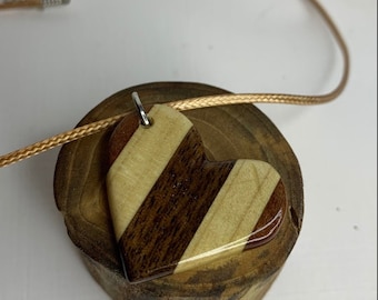 Hand carved wooden heart pendant necklace