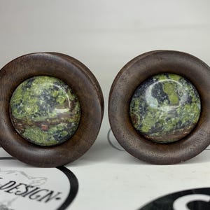 May include: Two dark brown wooden ear plugs with a green and brown stone centre. The plugs have a circular design with a smooth, polished finish. The stone centre has a marbled appearance.