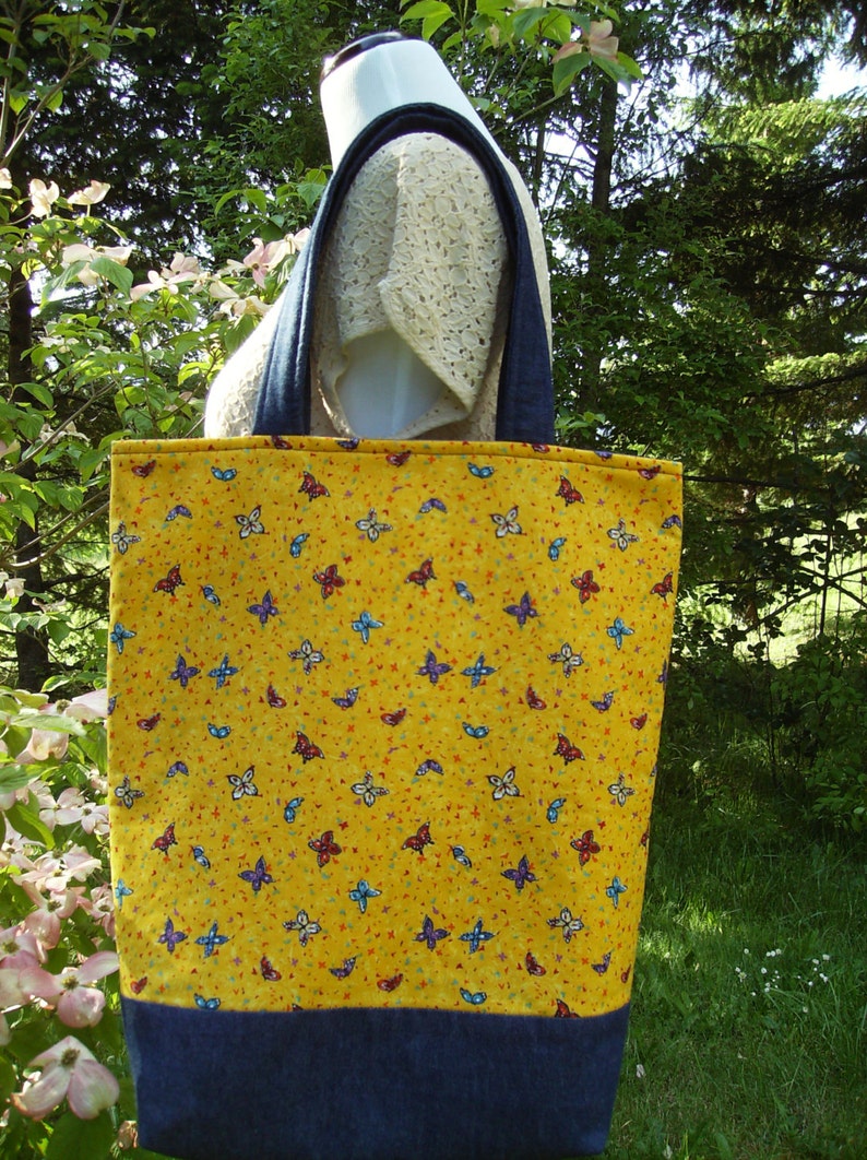 Yellow Butterfly Tote Bag Large Tote Bag Denim Tote Bag Large CraftMarketBook Tote Bag