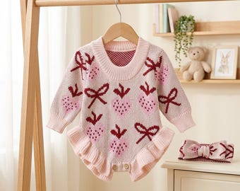Strawberry Knit Romper and Bow Headband, Newborn Girl Coming Home Outfit, Ruffle Sweater Bodysuit, Valentine Photos, Baby Shower Gift