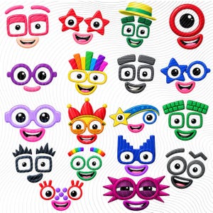 May include: A collection of twenty colorful, cartoon-style character faces with various expressions, shapes, and accessories. The characters feature diverse designs including stars, blocks, glasses, hats, and rainbow patterns, all rendered in a bright, glossy, three-dimensional style against a white background with subtle wavy lines.