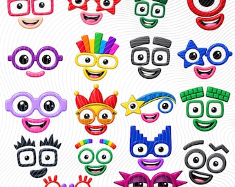 May include: A collection of twenty colourful, cartoon-style character faces with various expressions, shapes, and accessories. The characters feature diverse designs including stars, blocks, glasses, hats, and rainbow patterns, all rendered in a bright, glossy, three-dimensional style against a white background with subtle wavy lines.