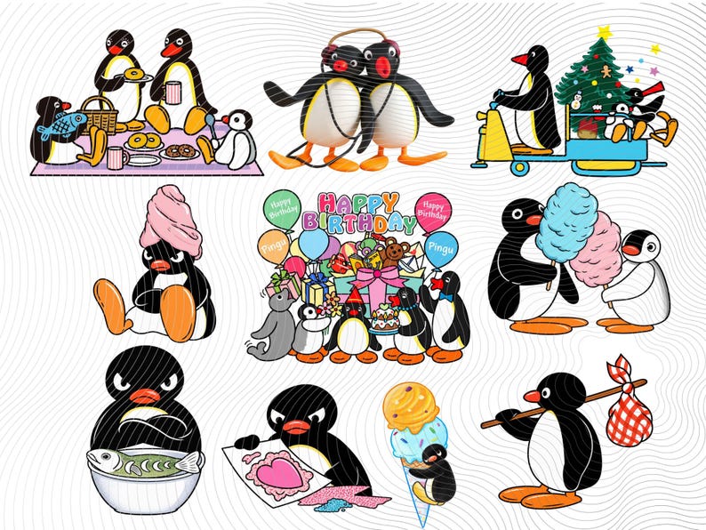 Pingu PNG Clipart Bundle, 9 Cute Penguin Designs, Birthday & Christmas ...