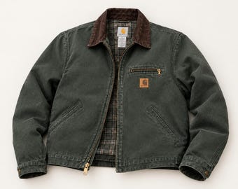 May include: A dark green canvas jacket featuring a brown corduroy collar, a full-length front zip, and a plaid interior lining. The jacket includes a zipped chest pocket with a Carhartt logo patch and two lower slanted pockets.