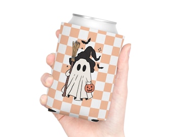 Halloween-Getränkekühler mit Geister- und Hexenmotiv | Orange-kariertes Design
