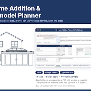 Puede incluir: Un planificador digital de adiciones y remodelaciones de viviendas con una ilustración lineal de una casa y una interfaz de hoja de cálculo titulada US-Home-Addition-Planner-EXAMPLE.xlsx. Incluye 14 pestañas.