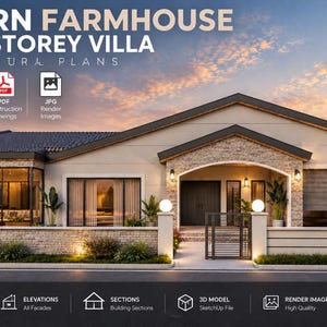 Könnte beinhalten: Architekturpläne für eine eingeschossige Villa mit Stein- und Putzfassade, überdachter Terrasse und Garage. Das digitale Paket enthält SKP-, DWG-, PDF- und JPG-Dateien für Grundrisse, Ansichten, Schnitte und 3D-Modelle.