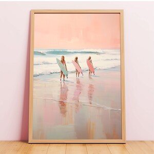 Retro Coastal Surf Print | Pink Surfer Girls  | Coastal Surfing Decor | Preppy Dorm Room Painting | Beach House Art