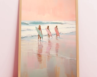 Impression de surf côtier rétro | Filles de surfeur roses | Décor de surf côtier | Peinture de dortoir Preppy | Art de la maison de plage