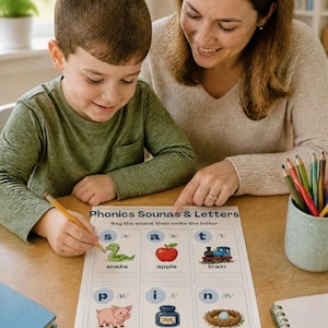 May include: A phonics worksheet titled Phonics Sounas & Letters featuring six boxes with letters, corresponding sounds, and illustrations of a snake, apple, train, pig, ink bottle, and nest, with space to practice writing each letter.