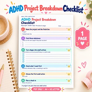 Pode incluir: Uma folha imprimível ADHD Project Breakdown Checklist com seis passos numerados, seções em tons pastel, linhas para escrita e ícones de rostos sorridentes. A página inclui instruções de texto e um selo de 1 PAGE.