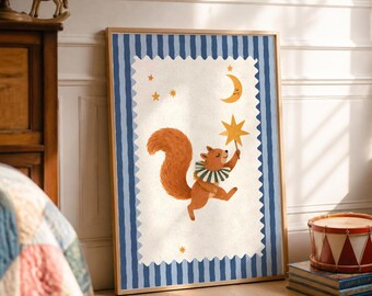 May include: A framed rectangular wall art print featuring a brown squirrel with a ruffled collar holding a yellow star. The background is cream with a scalloped edge, surrounded by a blue and white vertical striped border with a moon and stars.
