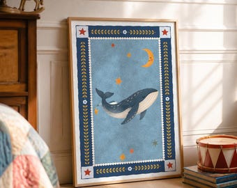 May include: A framed rectangular wall art print featuring a blue whale swimming in a starry night sky with a yellow crescent moon. The border is dark blue with yellow leaf patterns, white flowers, and red stars at each corner.