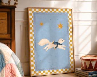 May include: A framed rectangular wall art print featuring a light blue background with a white fox wearing a dark blue scarf. The fox is depicted running, surrounded by two yellow stars. The border has a yellow and white chequered pattern.