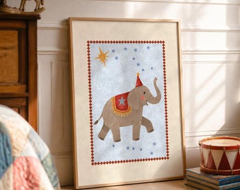 May include: A framed rectangular wall art print featuring a light brown elephant wearing a red party hat and a red saddle with a grey star. The elephant is set against a light blue background with small blue stars and a large yellow star.