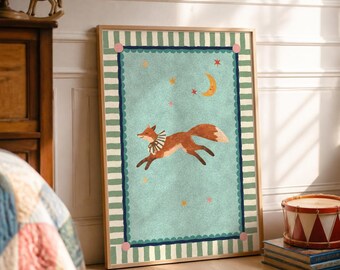 May include: A rectangular framed wall art print featuring a leaping orange fox wearing a striped collar. The central light blue panel is surrounded by a dark blue scalloped border and a green and white striped frame with pink corner accents.