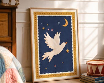 May include: A framed rectangular wall art print featuring a white dove flying against a dark blue night sky. The dove holds a yellow star in its beak. The scene includes a smiling yellow crescent moon and small colourful stars. The print has a scalloped white border and a textured mustard yellow frame.