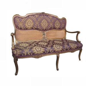 pristine Antique French 1800s Settee loveseat love seat sofa couch gold gilded glamour louis xvi purple