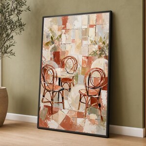 Three Bistro Chairs Canvas Wall Art, Terracotta Chair Frames, Leafy Plants