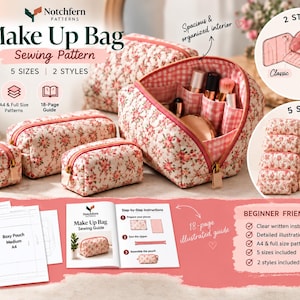 May include: A sewing pattern for a make up bag by Notchfern Patterns, featuring five sizes and two styles. The image displays several floral fabric pouches, an 18-page illustrated guide, and digital download icons. Sizes range from mini to maxi.