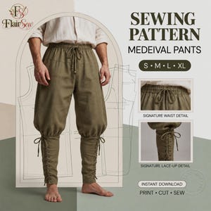 May include: A sewing pattern for medieval pants featuring olive green trousers with an elastic drawstring waist and lace-up calf details. The graphic includes text reading SEWING PATTERN MEDEVAL PANTS, size options S, M, L, XL, and instructions for instant download.