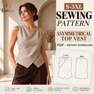 Asymmetrical Vest Sewing Pattern PDF, Sleeveless Wrap Top, Women's Crossover Waistcoat, Beginner Friendly, Sizes S-3XL, Digital Download
