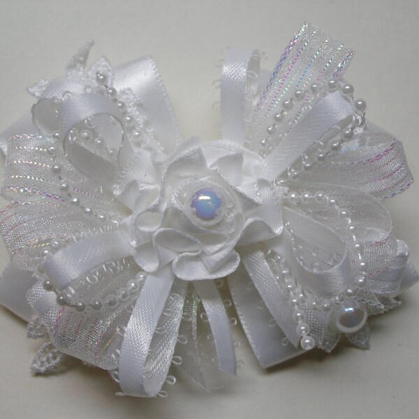 WHITE Satin & Lace Hair Bow 3.5 inch Elegant Wedding Flower Girl Communion Pageant Boutique Dressy Fancy Special Occassion