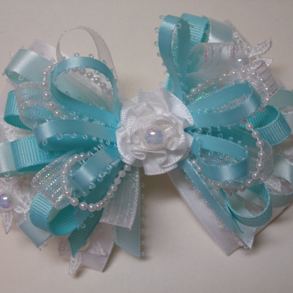 Pretty Aqua WHITE Satin Lace Hair Bow Big Large Elegant Wedding Flower Girl Communion Pageant Big Dressy Fancy Special Occassion