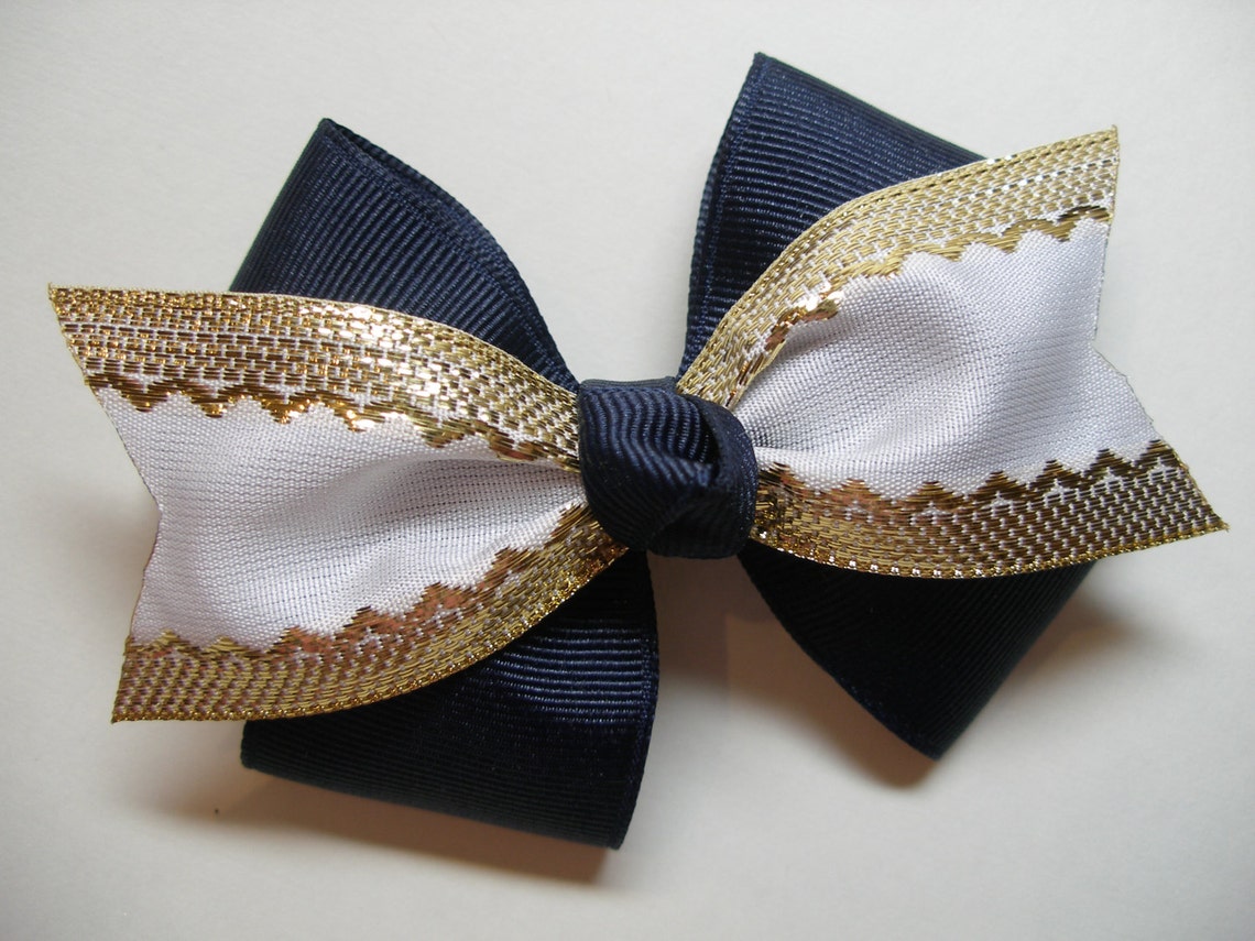 Navy Blue and Gold Hair Bow Headband - wide 4