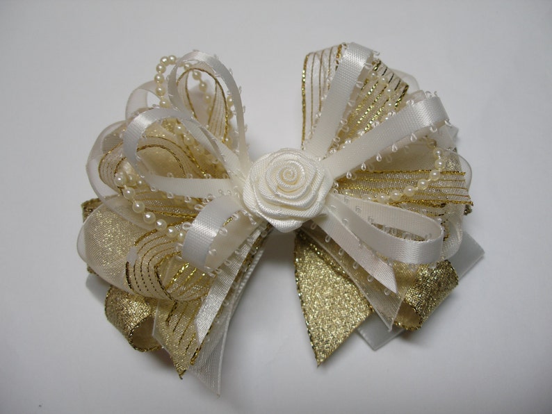 Baby Girl XMAS Ivory Gold Elegant Sheer Organza Glitz Hair Bow Headband Clip