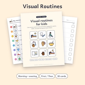 Peut inclure: Un ensemble de tableaux de routines visuelles imprimables pour enfants avec des icônes colorées pour les tâches quotidiennes. La page centrale affiche le titre Visual routines for kids avec une grille de neuf illustrations d'activités et des étiquettes pour matin, soir, d'abord, ensuite et 30 cartes.
