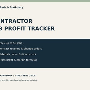 Può includere: Un modello di foglio di calcolo digitale Contractor Job Profit Tracker di PaperTools & Stationary. Le funzioni includono il monitoraggio di 50 lavori, ricavi contrattuali, materiali, manodopera e margini di profitto.