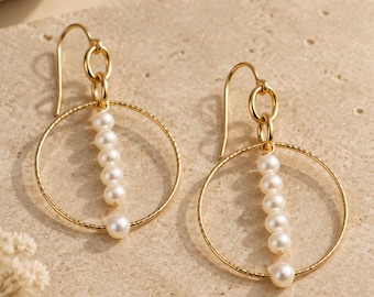 Dolphin Inspired Earrings, Brass Circlet, 3.5-4.0mm Pearls, Textured Gold