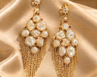 Burney Falls Keshi Pearl Chandelier Earrings Encrusted Swarovski Crystals and Brass Chain
