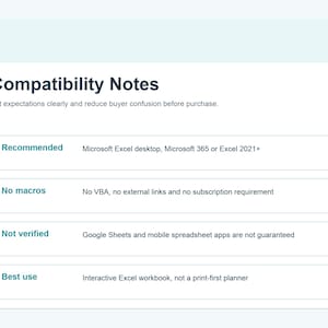 May include: A white informational chart titled Compatibility Notes with four rows. Rows list Recommended: Microsoft Excel desktop, Microsoft 365 or Excel 2021+, No macros: No VBA, no external links, Not verified: Google Sheets, Best use: Interactive Excel workbook.