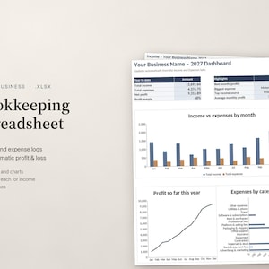 May include: A digital bookkeeping spreadsheet for small businesses in XLSX format. The document features a 2027 dashboard with income and expense logs, automatic profit and loss calculations, monthly bar charts, and category-based expense graphs.